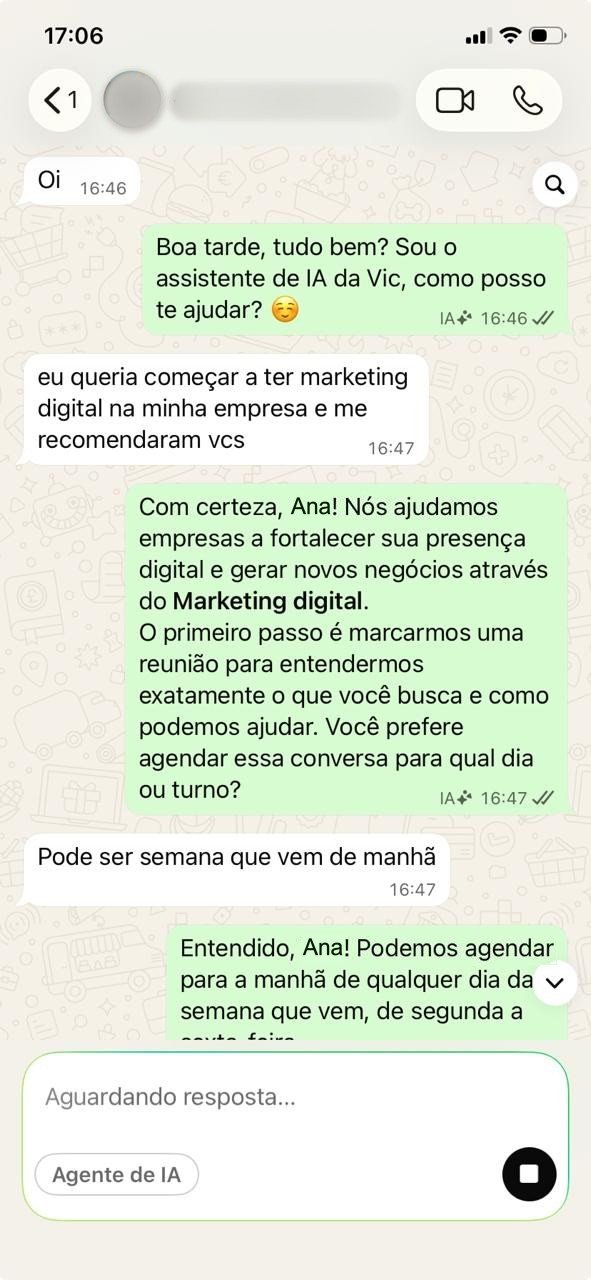 Print de uma conversa real no WhatsApp da Tempórea, com o agente de IA respondendo o cliente e propondo agendar uma reunião